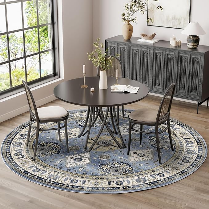 Dripex Vintage Round Rug-5ft Distressed Washable Rugs for Living Room Indoor Soft Non-Slip Circle Rugs for Kitchen Dining Room Floral Print Low-Pile Carpet Farmhouse Office Home Decor