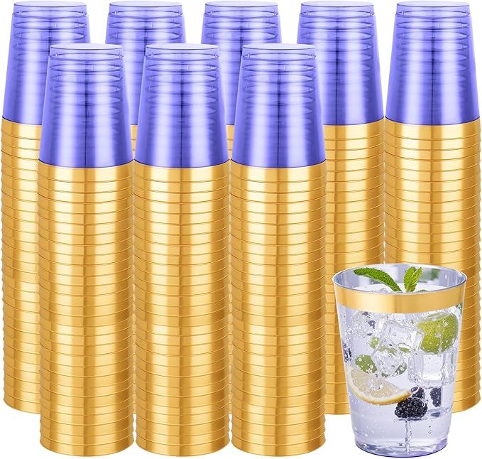 supernal 100 Pack Purple Plastic Cups - 10 Oz Clear Disposable Cups with Gold Trim,Clear Purple Plastic Cocktail Glasses Perfect for Weddings,Birthday,Parties & Elegant Events,Disposable Wine Glasses