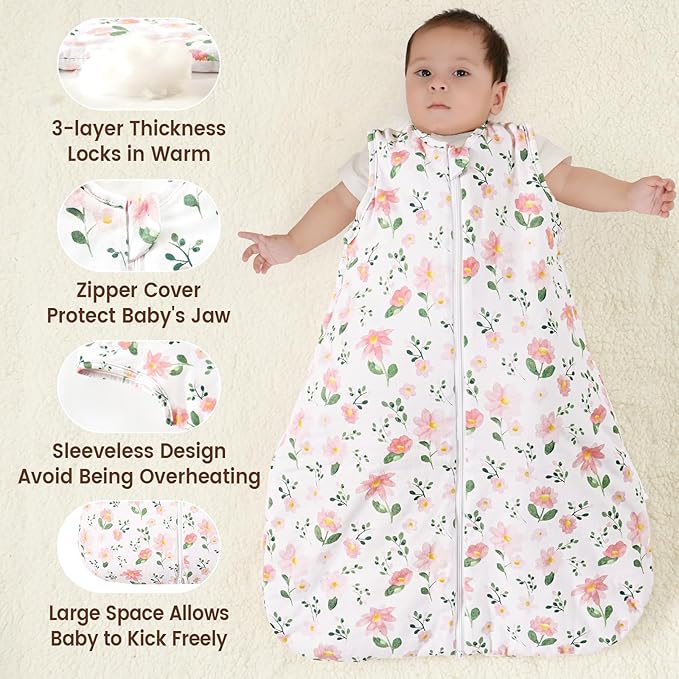 PHF 100% Cotton Baby Sleep Sack 0-6 Months, 2.5 TOG Winter Baby Wearable Blanket with 2-Way Zipper, Warm Comfy Quilted Sleeping Bags, Infant Sleeping Sack for Newborn Girls, Small Size, Floral