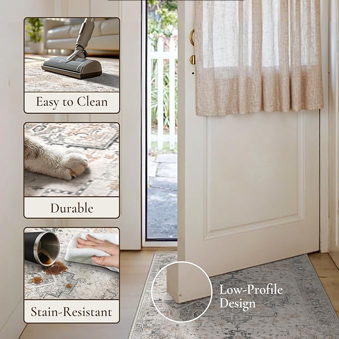 GENIMO Runner Rug 2x6 Non Slip Machine Washable Vintage Hallway Runner Rug, Low PileLightweight Rugs for Entryway, Hallway, Kitchen and Corridor, Light Taupe Brown