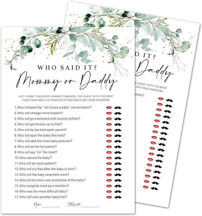 Baby Shower Game Cards - Set of 30 Mommy Or Daddy Game - Greenery Double Sided Print Baby Announcement Gender Reveal Card for Parents to Be - Baby Shower Party Activities Supplies - A11