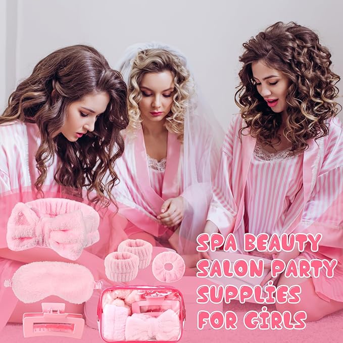 42 Pcs Spa Sleepover Party Supplies Include 6 Sleep Eye Mask 6 Spa Headband 12 Wrist Washband 6 Velvet Scrunchies 6 Hair Claw Clips 6 Clear Cosmetic Bags for Girls Slumber Party Favors Gift