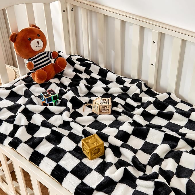 Yurhap Checkered Baby Blanket Fleece Baby Blankets for Boys Girls, Ultra Soft Cozy Fluffy Infant Toddler Newborn Receiving Blankets for Crib Stroller, 30''x40'', Black
