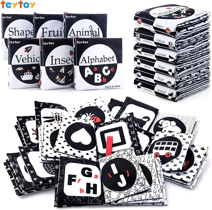teytoy My First Soft Book, 6 PCS Nontoxic Fabric Cloth Activity Crinkle Black and White Books for Infants Boys and Girls Early Educational Toys Perfect for Baby Shower
