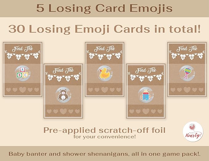 Party Hearty Baby Shower Games Kraft 33 Raffle Cards, Emoji Scratch Off Lottery Tickets, 3 Winners 5 Different Loser Card Designs, Gender Neutral, Silly Activity for Ice Breakers, Door Prizes, Favors