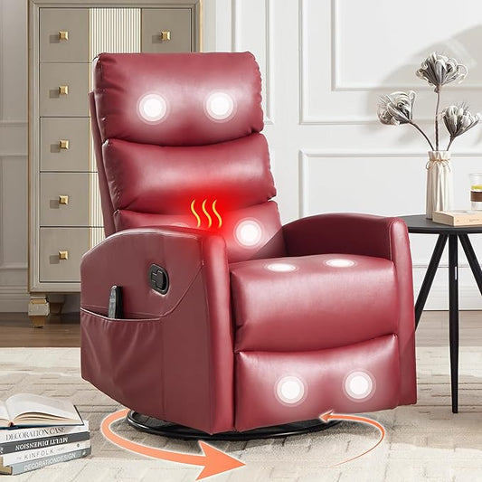 Manual Swivel Rocker Recliner Chair with Massage, Overstuffed Recliner Glider with Vibration Massage and Heat for Nursery, Living Room Reclining Sofa Chair, PU Leather Red