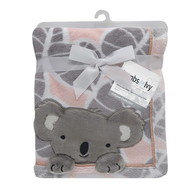 Lambs & Ivy Calypso Pink/Gray Koala Leaf Print Luxury Coral Fleece Baby Blanket
