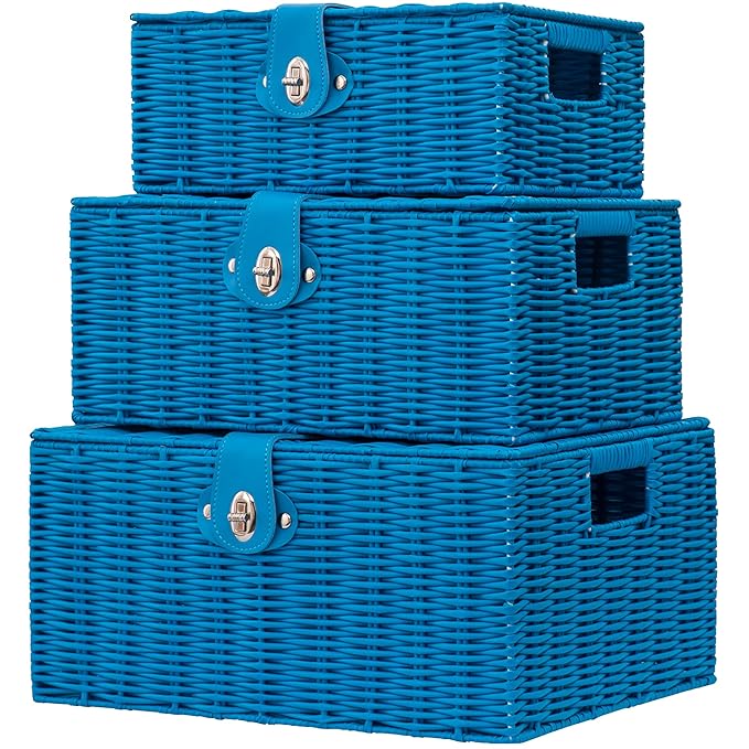 Set of 3 Woven Wicker Storage Basket Box with Lid & Lock, Built-in Carry Handles, Multifunctional Storage Organiser for Nursery, Baby, Clothes, Toys, Books, Large/Medium/Small Size (Sky Blue)