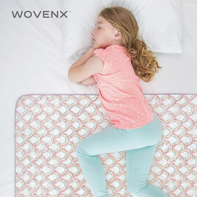 Organic Incontinence Pads for Kids & Toddlers - 5 Layer Waterproof Protectors for Overnight Bed Wetting - Reusable & Washable Pee Pads - Fits Twin to Full Size Beds - 34" x 52" Rainbow