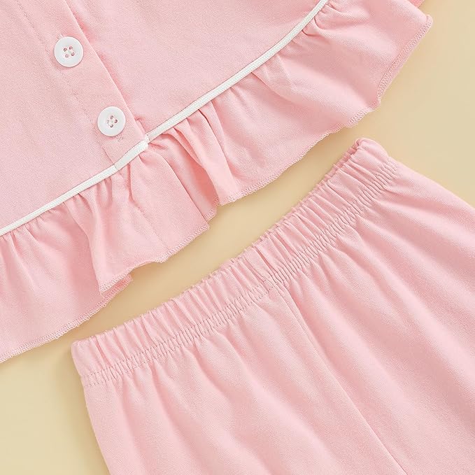 Toddler Kids Baby Girl Solid Pjs Ruffle Long Sleeve Button Shirt Top and Pants Cotton 2Piece Pajamas Set