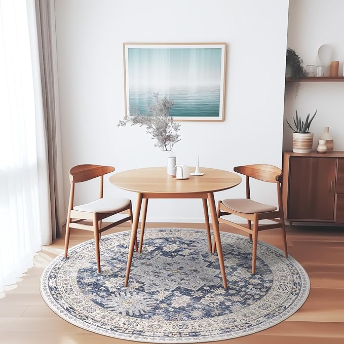 zesthome 8ft Round Rugs for Living Room, Non-Slip Washable Round Area Rugs, Ultra-Thin Large Circle Rugs, Soft Low Pile Rug for Bedroom, Kitchen - Vintage Stain Resistant Round Rug (Blue/Beige,8'x8')