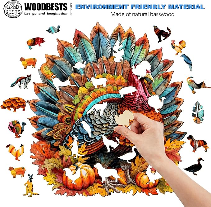 WOODBESTS Wooden Puzzle for Adults, Colorful Turkey Puzzle (L, 270pcs, 13.3"x12.1") Beautiful Wooden Box, Wooden Jigsaw Puzzles Unique Shape, Thanksgiving Gifts for Adults and Kids Family Game