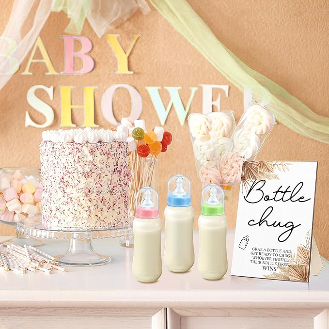Roowest Bottle Chug Baby Shower Game Favors 12 Pcs Baby Bottles Shower Favor with 1 Wooden Sign for Gender Reveal Party Supplies Gifts(Boho)