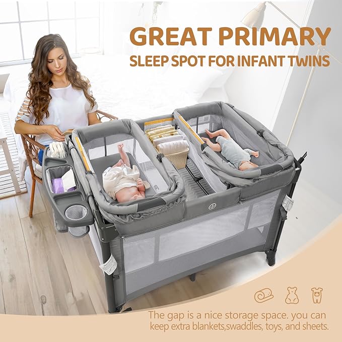 JOYMOR Twin Bassinet for Baby, Bedside Bassinet, Convertible to Bedside Sleeper and Playpen, with Wheel, Brake, Foldable Side Sleeper, Gray