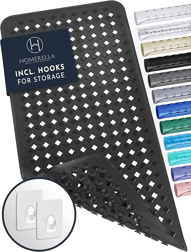 homerella® Bath Mat for Tub Non Slip Mold Resistant 35x16 - Shower Mat Non Slip Anti Mold - Bath Tub Mat Suction Cups incl. Hooks for Drying - Bathtub Mat Non Slip - ANI Slip Shower Mat Inside Tub