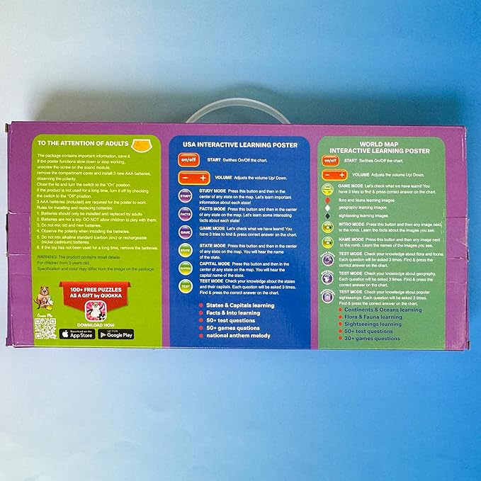 QUOKKA Educational Toys for Kids 5-7 Year Old - USA World Maps Learning Wall Chart for Toddlers Age 3 4 6+ - Interactive Speech Therapy Poster Boy Girl - Autism Game 8-10-12