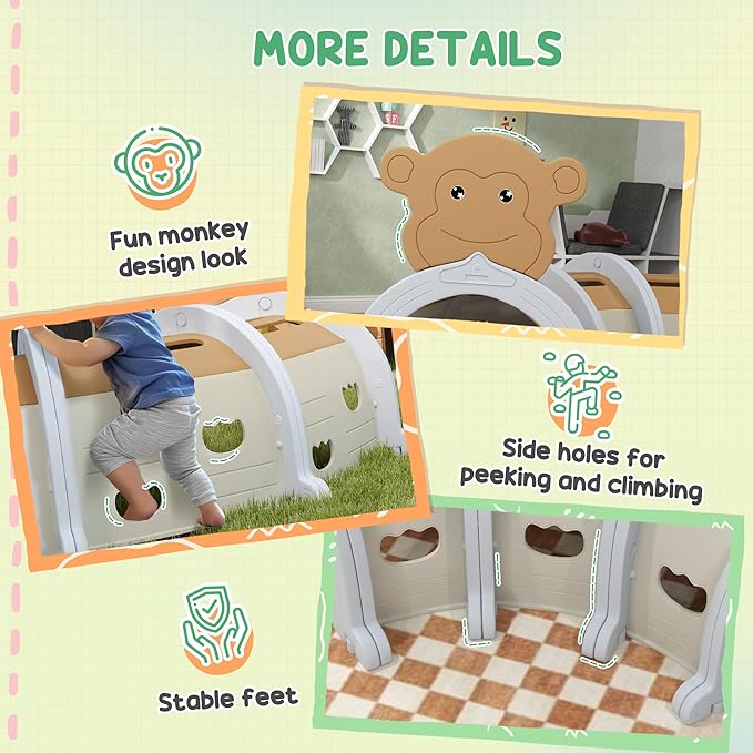 Qaba Monkey Tunnel, Toddler Tunnel for Kids Crawl and Climb Through, Kids' Play Structure Indoor Outdoor, 4 Sections, Brown