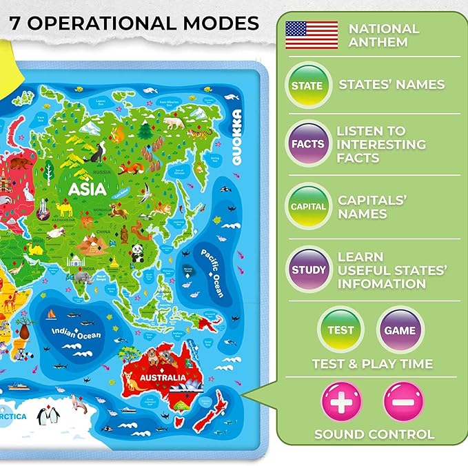 QUOKKA Educational Toys for Kids 5-7 Year Old - World Map Learning Wall Chart for Toddlers Age 3 4 6+ - Interactive Speech Therapy Poster Boy Girl - Autism Puzzle Game 8-10-12