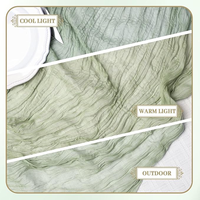 Le courant 12pcs 10Ft Cheesecloth Table Runner, Rustic Boho Gauze Cheese Cloth Runner Table Runner for Weddings Bridal Baby Shower Birthday Holiday Parties Home Decor, Sage Green
