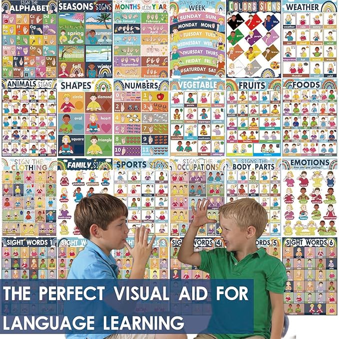 YIYDONG 24 Boho American Sign Language Posters for Kids, Sign Language for Babies & Toddlers, ABC Sign Language Flash Cards, ASL Posters for Classroom Decor