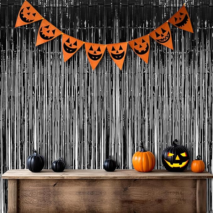 Foil Fringe Curtain Halloweens Party Decorations - Pure Black Tinsel Photo Backdrop Party Steamers Curtains for Birthdays Music Christmas Stranger Theme Parties