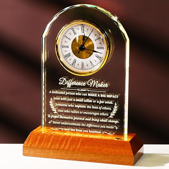 Difference Maker Glass Clock Gifts, Thank You Gift for Coworker Boss Mentor Leader Teachers Employee with Wooden Light Base, Crystal Difference Maker Plaque Appreciation Keepsake for Women Men