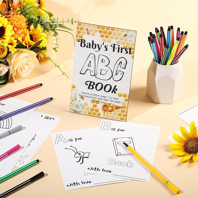 Geelin 51 Pcs Fun Baby Shower Game Activities First ABC Book Sign Coloring Game Card 26 Alphabet a to Z Coloring Card with 24 Watercolor Pen Storage Bag for Baby Shower Party(Bee)