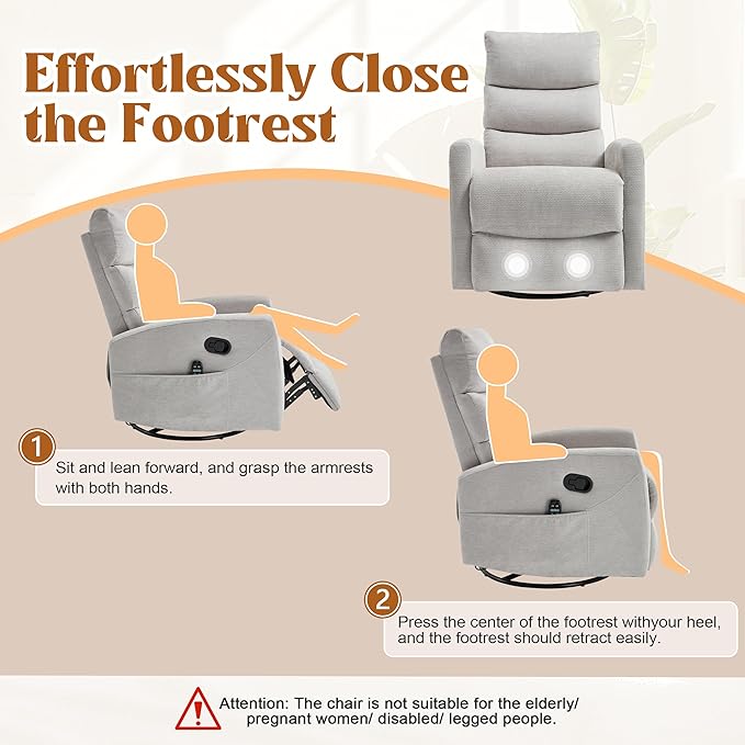 Manual Swivel Rocker Recliner Chair with Massage, Overstuffed Recliner Glider with Vibration Massage and Heat for Nursery, Living Room Reclining Sofa Chair, Fabric Light Gray
