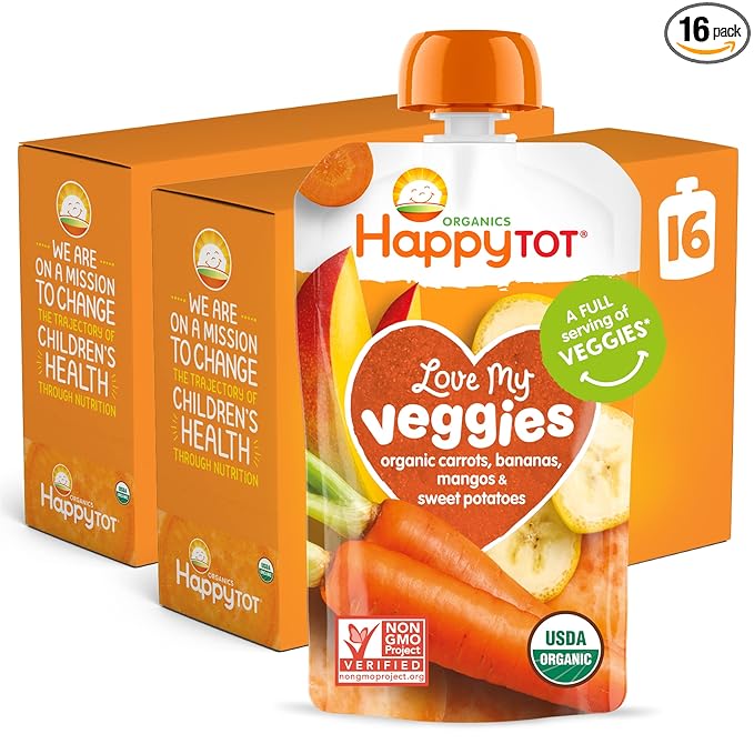 Happy Tot Organics Stage 4 Baby Food Pouches, Gluten Free, Vegan Snack, Love My Veggies, Fruit & Veggie Puree, Carrot, Banana, Mango & Sweet Potato, 4.22 Ounce (Pack of 16)