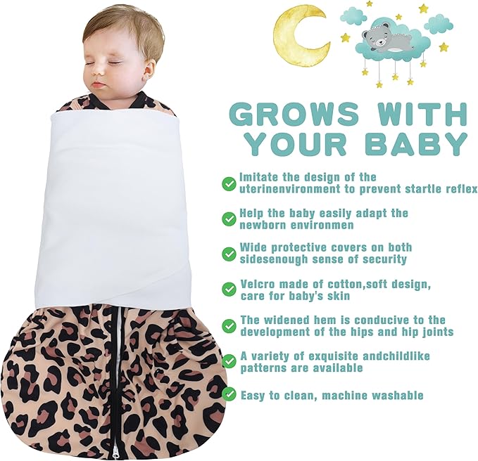 Newborn Sleep Sack Baby Swaddle,3-Way Adjustable Wearable Blanket,100% Rayon Cotton Swaddling Sleeping Bag,TOG 0.5 (Leopard & Cobble, 6-12 Months)