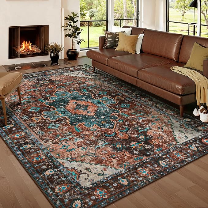 Ciicool Area Rug 5x7ft Washable Rugs for Living Room Non-Slip Indoor Rugs Large Low-Pile Mat Floor Carpet Vintage Rug for Bedroom Dinning Foyer Decor (Brick Red/Dull Teal)