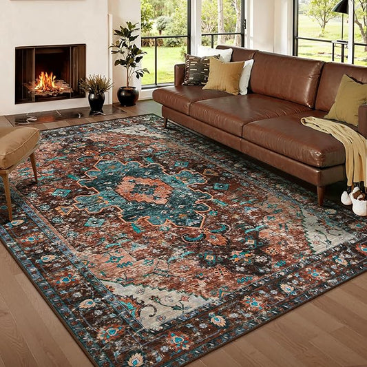 Ciicool Area Rug 5x7ft Washable Rugs for Living Room Non-Slip Indoor Rugs Large Low-Pile Mat Floor Carpet Vintage Rug for Bedroom Dinning Foyer Decor (Brick Red/Dull Teal)