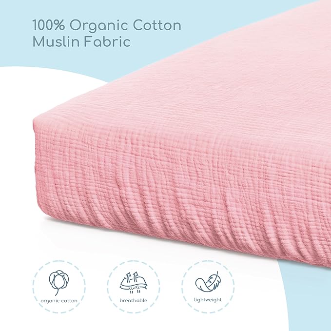 Muslin Crib Sheets, 100% Organic Cotton, Breathable and Ultra-Soft, Standard Crib Sheet Mattress (28"x 52") for Girls and Boys, Neutral Fitted Baby Crib Sheet (Pink)