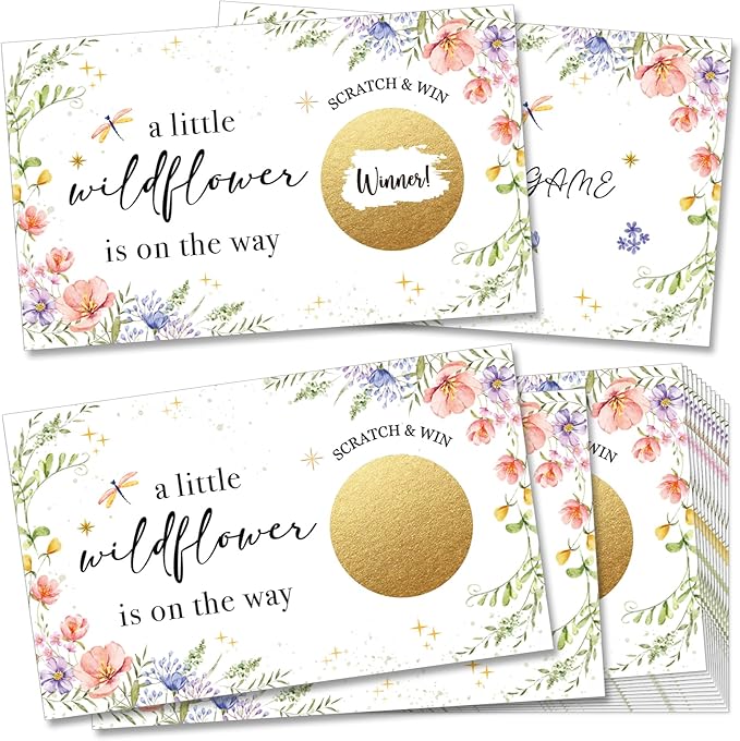 Baby Shower Game Scratch Off Cards Girl, A Little Wildflower is On The Way, Floral Printed Scratch Off Party, 50 Cards -c1