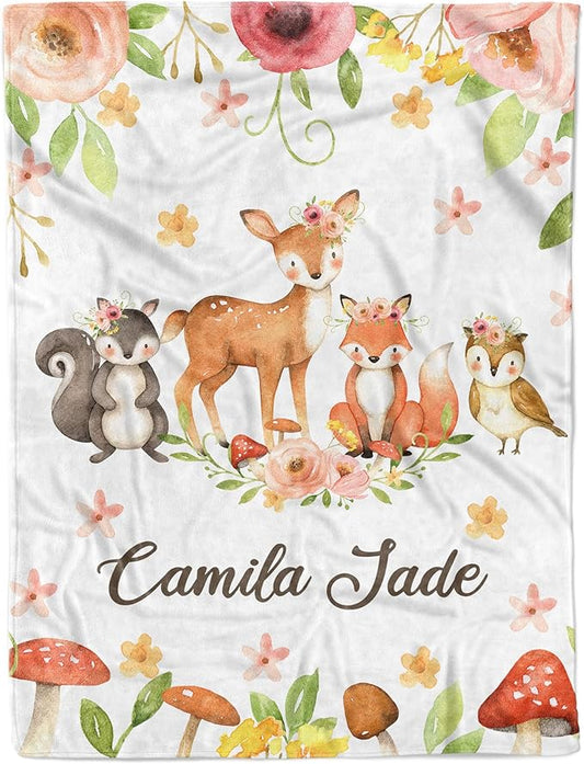 Arteaga Personalized Baby Blanket for Girls - Customized Woodland Animals Design, Super Soft Plush Fleece, 30''x40'' for Newborn, New Mom