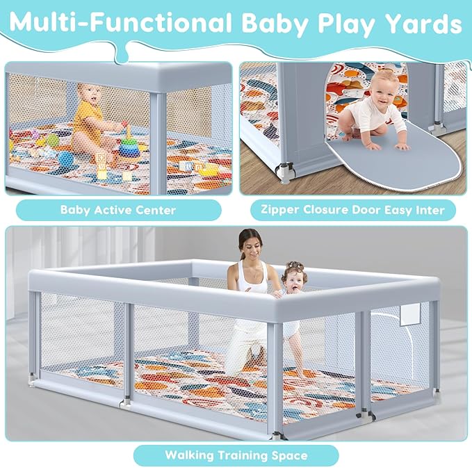 65" ×50" Large Baby Playpen with Mat, Baby Playard for Babies and Toddlers, Play Pens for Indoor & Outdoor, Sturdy Safety Play Yard with Soft Breathable Mesh, Anti-Fall, Grey