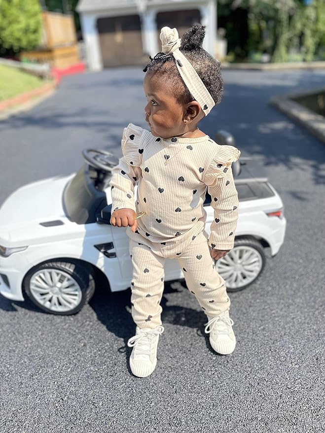 Fullfamous Baby Girl's 3pc Rib Frill Long Sleeve Romper and Pant Set