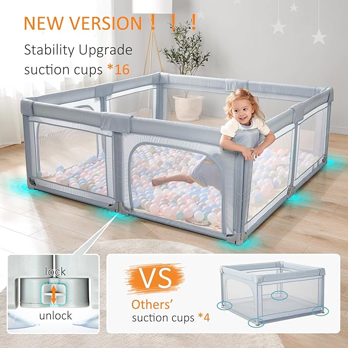 Cholena 79"x59" Foldable Baby Playpen with Bottom – Play Yard for Contained Play Space, Indoor Safety Fence with Zipper Door(Light Grey)
