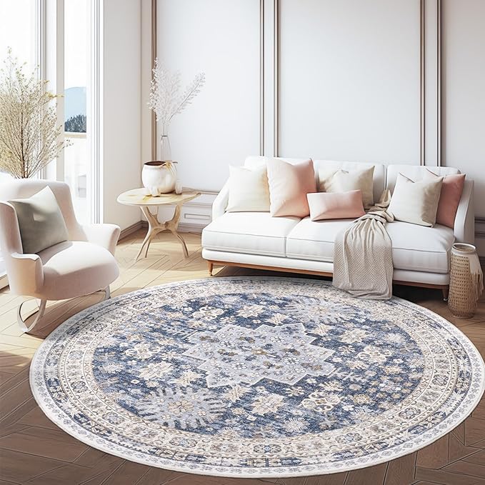 zesthome 9ft Round Rugs for Living Room, Non-Slip Washable Round Area Rugs, Ultra-Thin Large Circle Rugs, Soft Low Pile Rug for Bedroom, Kitchen - Vintage Stain Resistant Round Rug (Blue/Beige,9'x9')