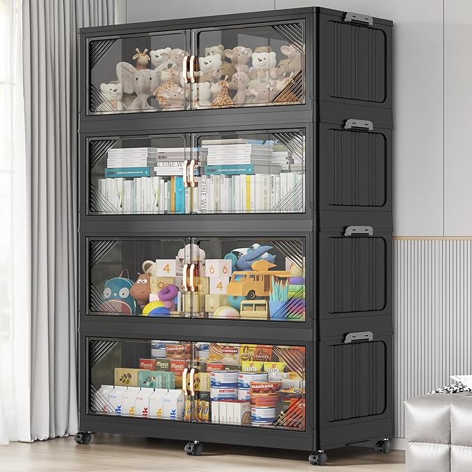 220Gal Plastic Stackable Storage Bins with Lid, 880QT Extra Large Closet Organizers Collapsible Cabinets Boxes With Drawers, Foldable Containers with 6x Wheels for Home Kitchen, V60 4Pack Black