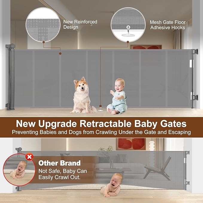 Upgraded 150 inch Retractable Baby Gates Extra Wide with Reinforced Strip Design to Prevent Crawling Through, 34" Tall, 12 FT Wide Retractable Dog Gate, Retractable Gate for Indoor/Outdoor