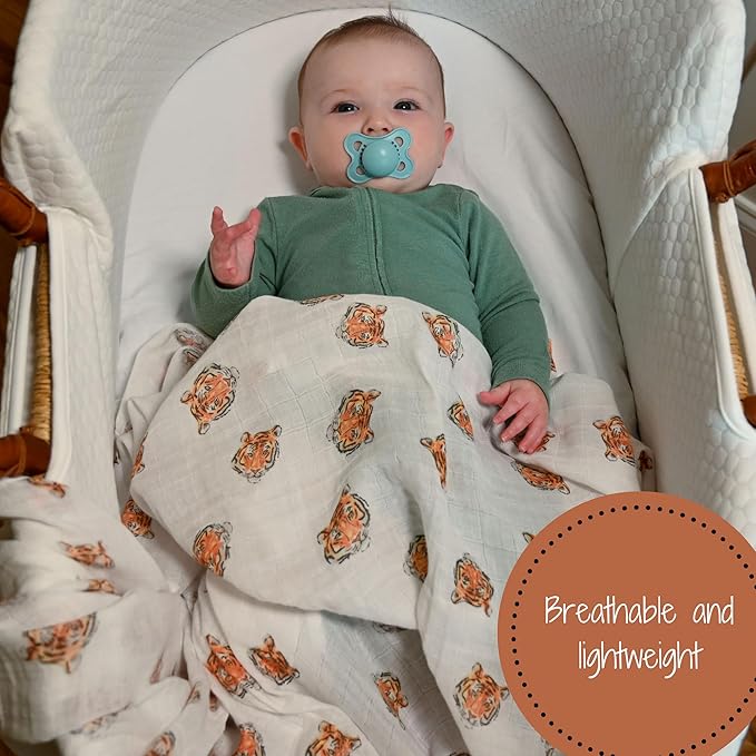 LollyBanks 100% Cotton Muslin Swaddle Blanket, Large 47 x 47 Inches, Tiger Theme, Orange, Modern Animal Print, Breathable and Lightweight, Baby Care, 1 Count