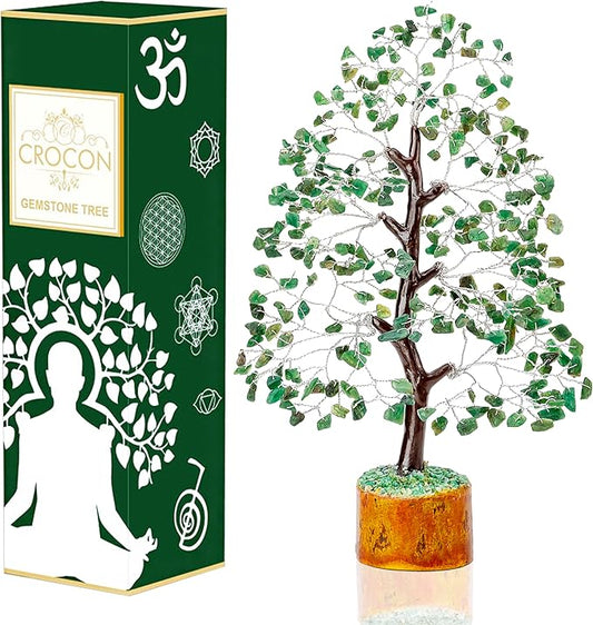 Crocon Green Aventurine Gemstone Tree Feng Shui Figurine Money Bonsai Chakra Balancing Good Luck Reiki Healing Crystals Decoration Ornament Sculpture Prosperity Table Decor Gift Size 10-12"
