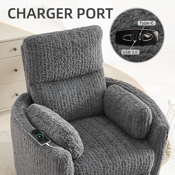 Power Swivel Glider Rocking Recliner Nursery Chair with 2 Pillows, Electric Rocker Reclining Chairs with Type-C & USB Charger Port for Living Room, High Back Barrel Armchair for Bedroom, Grey