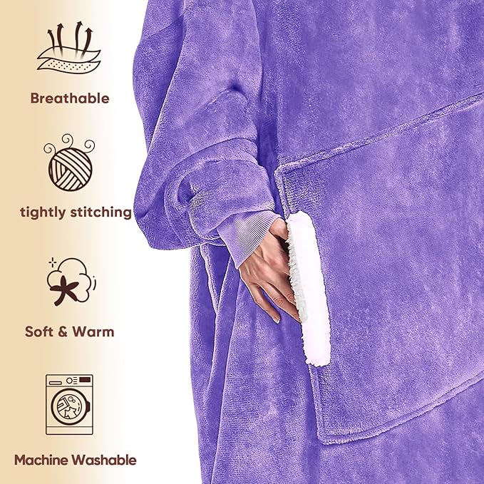 yescool Wearable Blanket Hoodie, Flannel Sherpa Fleece Blanket Sweatshirt for Adults Women Men, Big Plush Cozy Hooded Blanket with Hood, Pocket & Sleeves, Oversized, One Size Fits All (Purple)