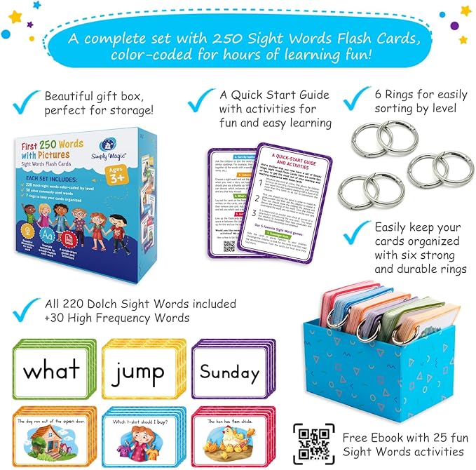 250 Sight Words Flash Cards for Kindergarten with Pictures, Dolch Sight Words Pre-K for Toddlers 3 4 5 6 7 8 Years, High Frequency Words Reading Cards for Kids Ages 4-8, Preschool - Simply Magic