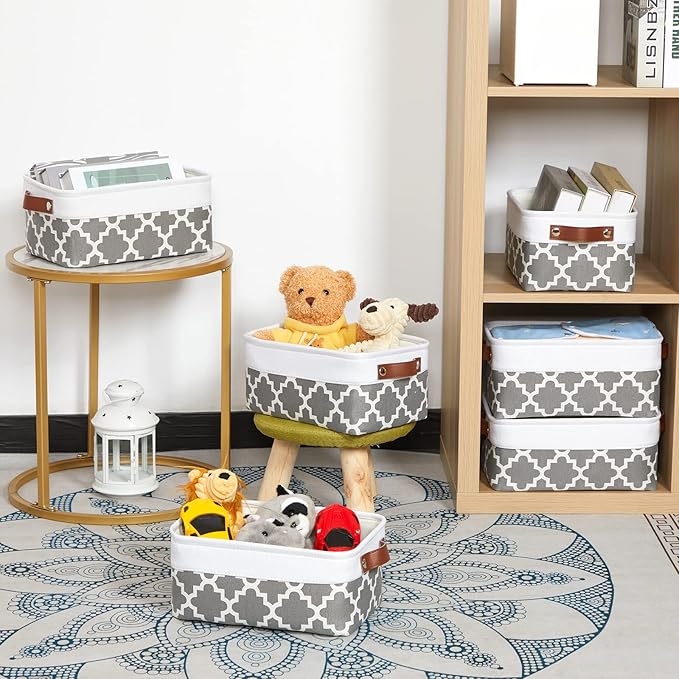 HNZIGE Small Baskets Fabric Storage Baskets(6 Pack) Storage Bins with Leather Handles Empty Gift Basket Decorative Storage Baskets for Shelves, Baby Clothes Toys(Pattern&White,11.8" x 7.8" x 5.1")