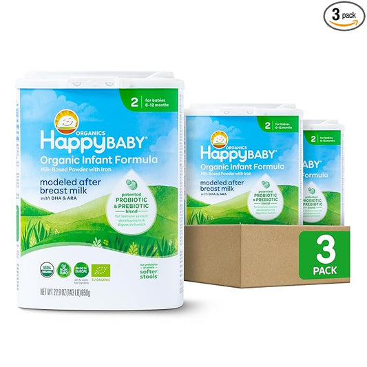 Happy Baby Organics Stage 2 Infant Formula, 6 12 Months, Milk Based Organic Baby Formula Powder with Iron, Probiotics & Prebiotics for Immune & Digestive Support, 22.9 Ounce (Pack of 3)
