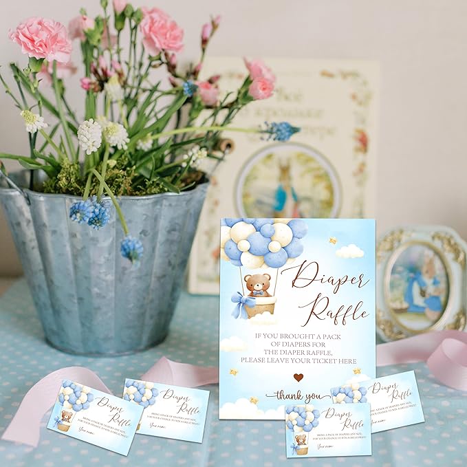 Blue Teddy Bear Diaper Raffle Set For Baby Shower - 50 Raffle Tickets With 1 Standing Sign - Baby Announcement, Gender Reveal Baby Shower Party Decoration Game Set - A01