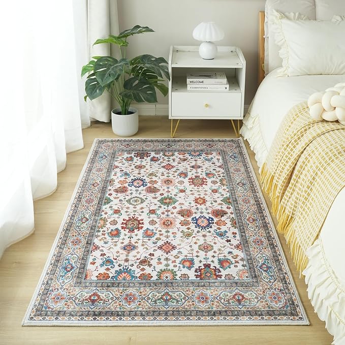 Bedroom Rug 3x5 Rug Washable Area Rug Non Slip Low Pile Boho Small Carpet for Bedroom, Bedside, Kitchen, Entryway, Kids Room, Office, College Dorm Essentials for Girls (Colorful)
